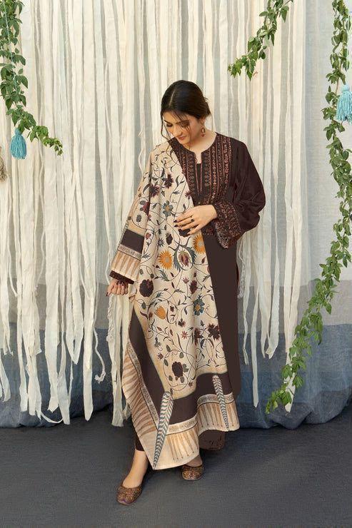 Urge Dhanak Brown Embroidered 3-Piece Winter Collection 2026