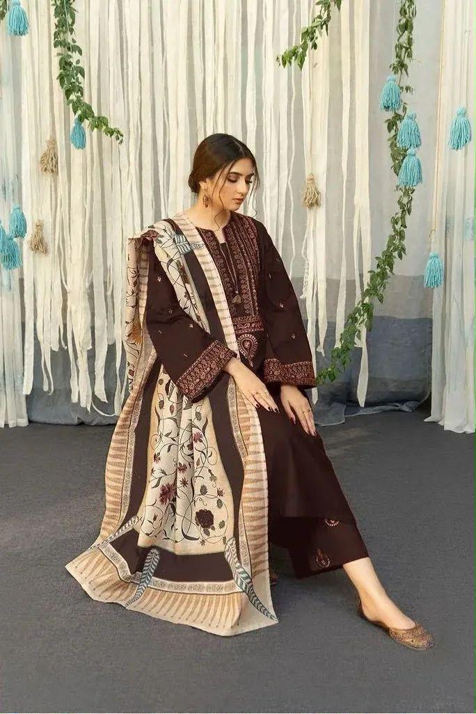 Urge Dhanak Brown Embroidered 3-Piece Winter Collection 2026