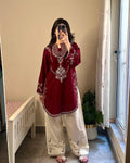Burgundy Ivory Floral Embroidered Dhanak Suit – 2 Piece Winter
