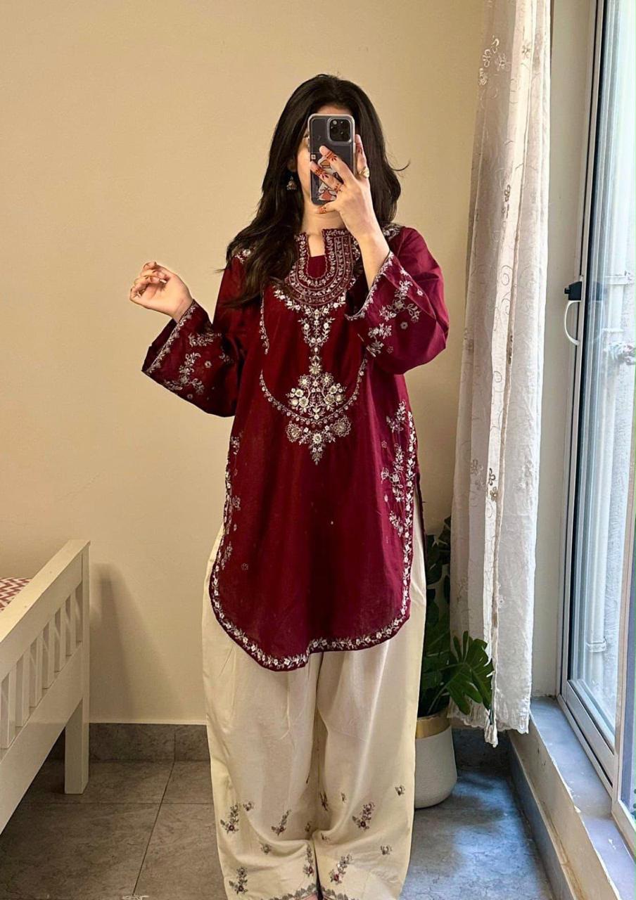 Burgundy Ivory Floral Embroidered Dhanak Suit – 2 Piece Winter
