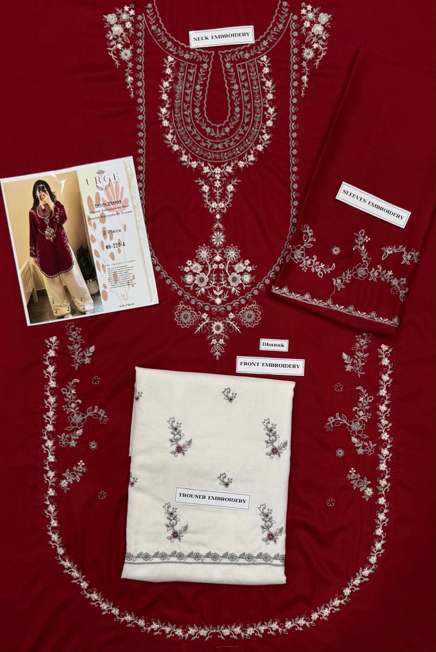 Burgundy Ivory Floral Embroidered Dhanak Suit – 2 Piece Winter