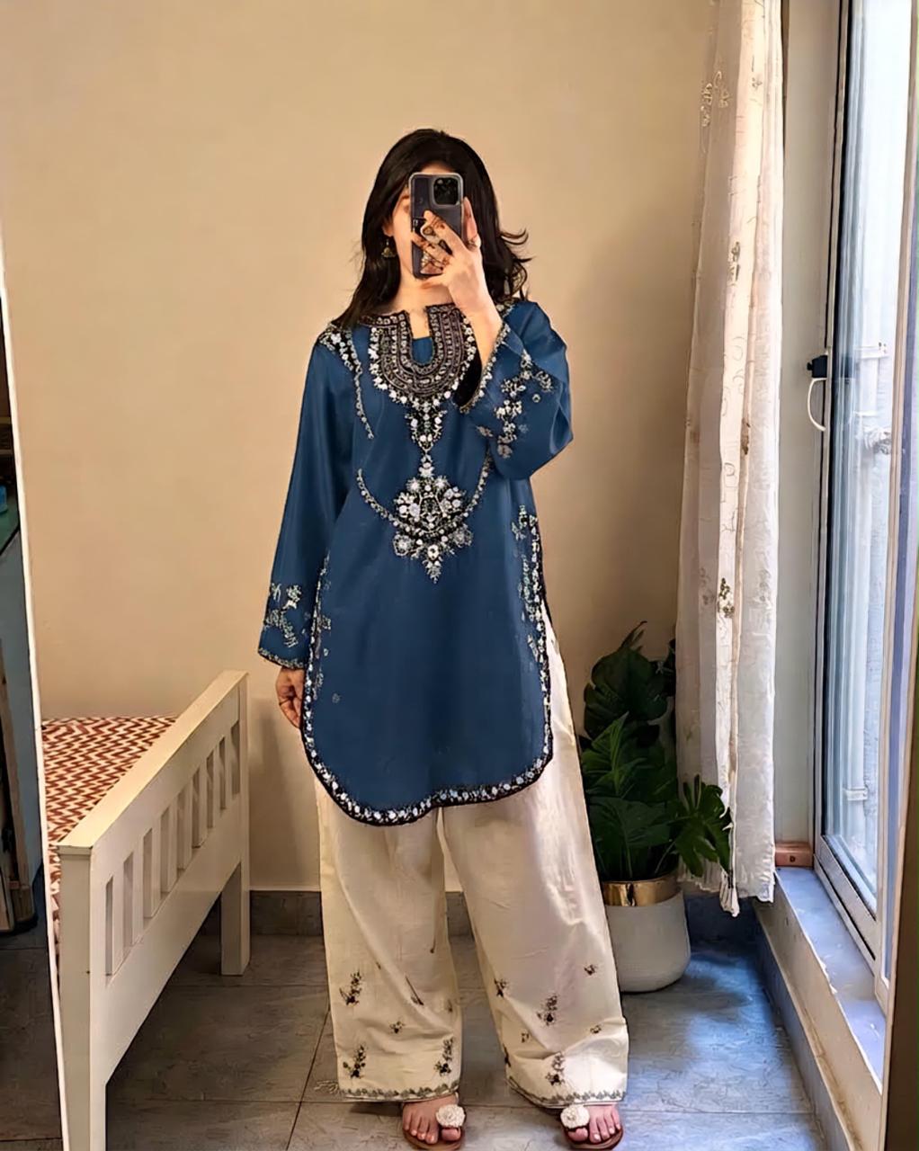Teal Blue Ivory Floral Embroidered Dhanak Suit – 2 Piece Winter