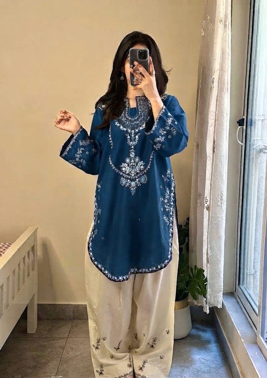 Teal Blue Ivory Floral Embroidered Dhanak Suit – 2 Piece Winter