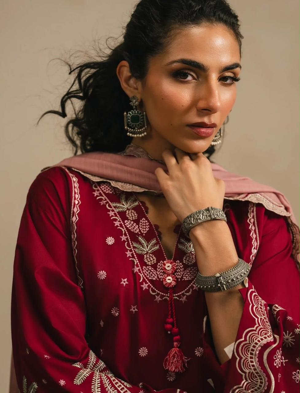 Royal Maroon Palm Blossom Dhanak 3 Piece Suit 2026