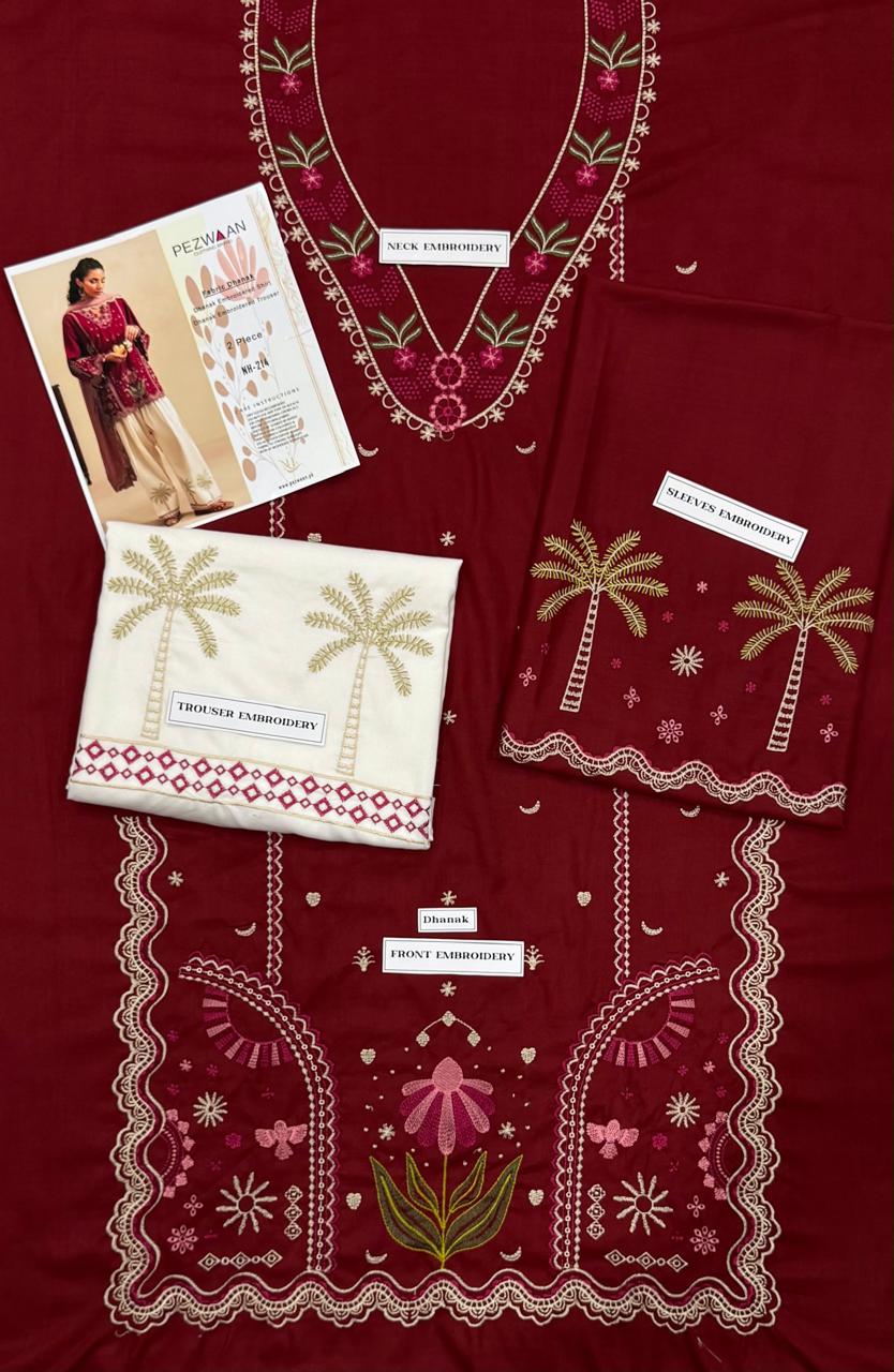 Royal Maroon Palm Blossom Dhanak 3 Piece Suit 2026
