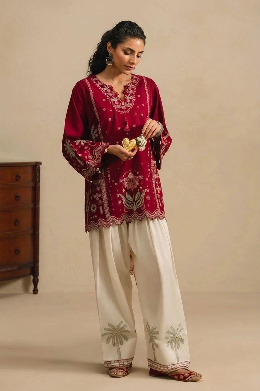Royal Maroon Palm Blossom Dhanak 3 Piece Suit 2026
