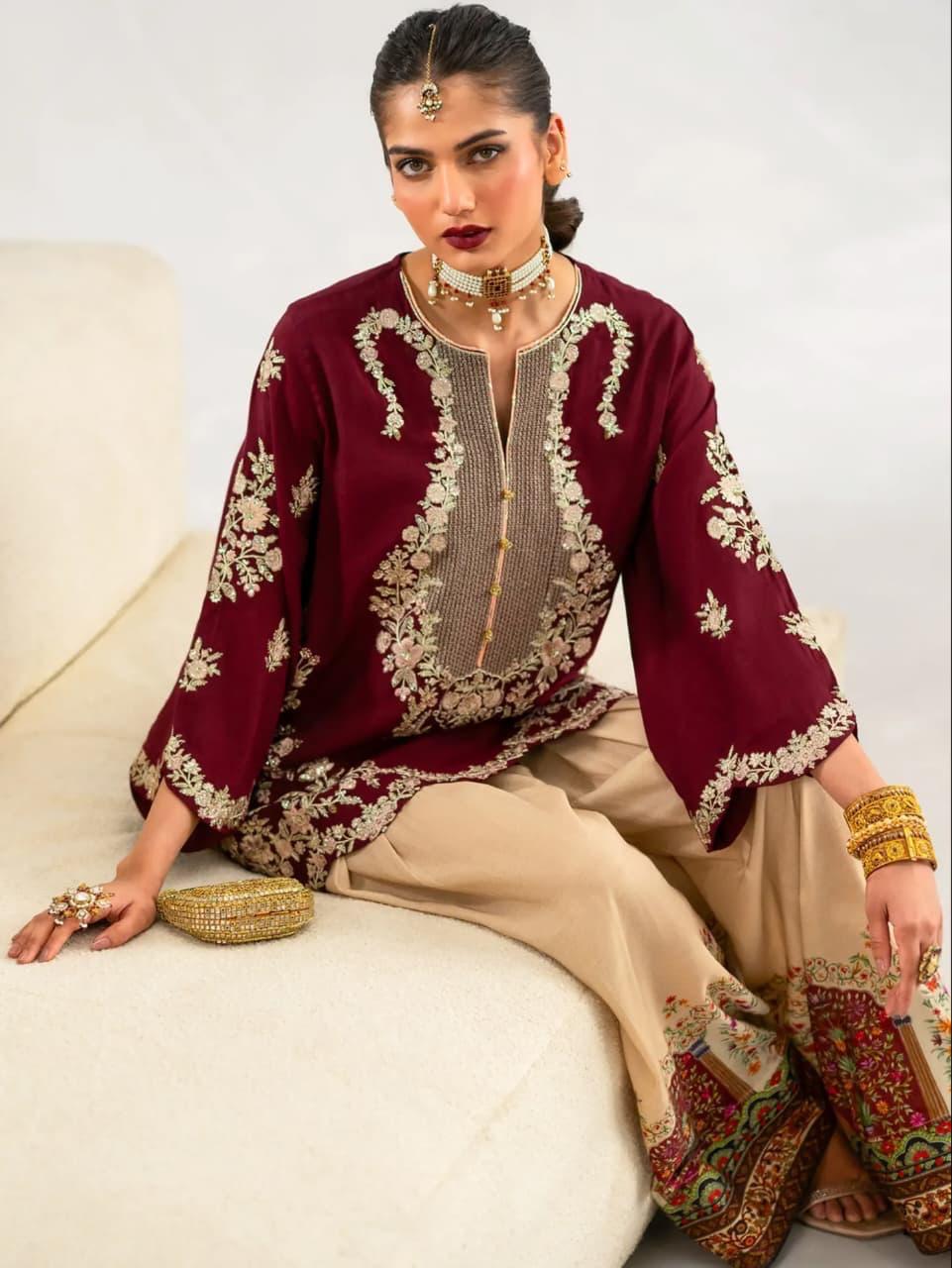 Ethnic Burgundy Royale Shamoz Silk 2-Piece Winter Collection 2026