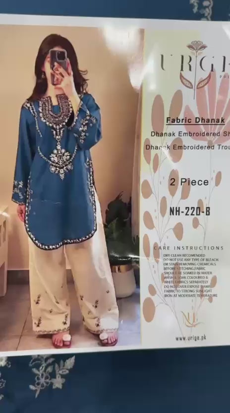 Teal Blue Ivory Floral Embroidered Dhanak Suit – 2 Piece Winter
