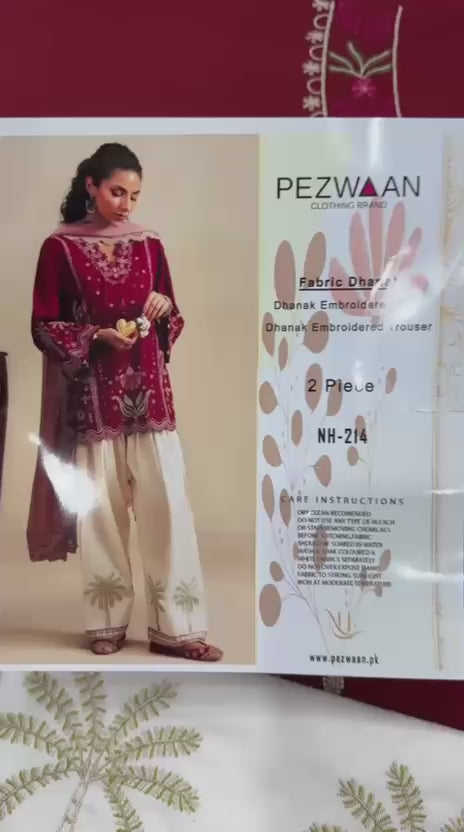 Royal Maroon Palm Blossom Dhanak 3 Piece Suit 2026