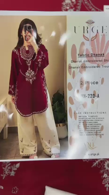 Burgundy Ivory Floral Embroidered Dhanak Suit – 2 Piece Winter