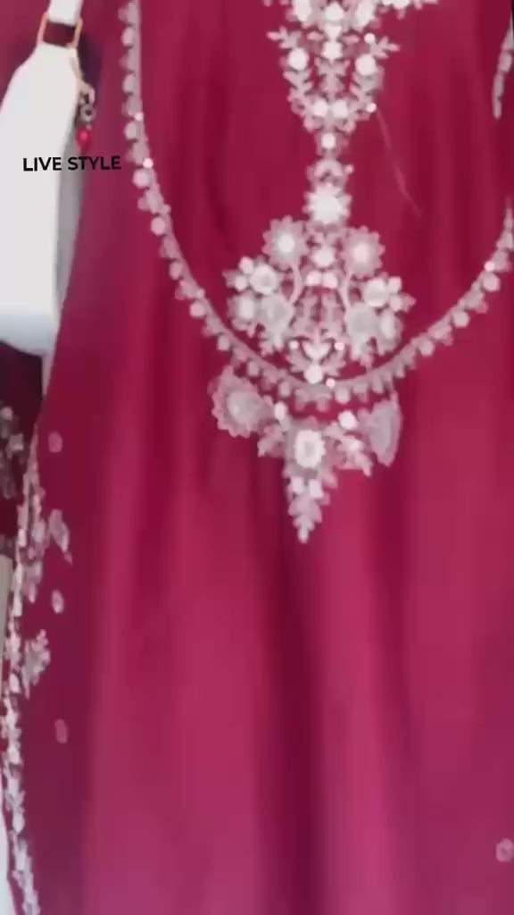 Burgundy Ivory Floral Embroidered Dhanak Suit – 2 Piece Winter